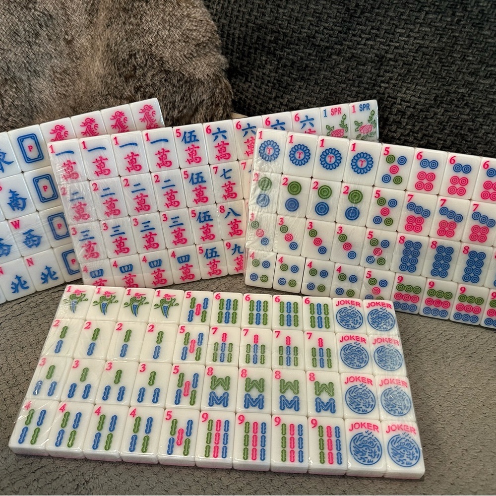 White Mahjong Tile Set with Pink, Blue & Green Accents